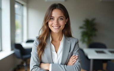 Cropped portrait of an attractive young businesswoman smiling and standing in the office with her arms crossed during the day. High quality