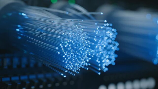 Close up of glowing blue fiber optics; data transfer network tech.