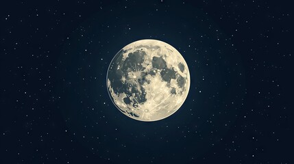 Obraz premium Minimalist full moon illustration with perfectly circular lunar body, simplified crater details in flat white and gray palette, stylized night sky in deep navy blue, clean vector aesthetic with sharp