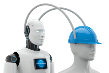Robot and Human Head with Hard Hat in Futuristic Minimalist Design with Cool Tones and 3D Rendering for Technology