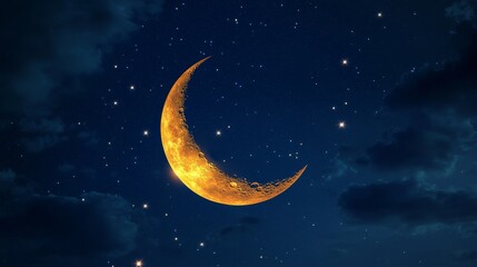 Fototapeta premium Golden crescent moon with soft edges illuminating rich midnight blue sky, scattered diamond-like stars with subtle lens flare effect, magical nighttime ambiance with perfect clarity