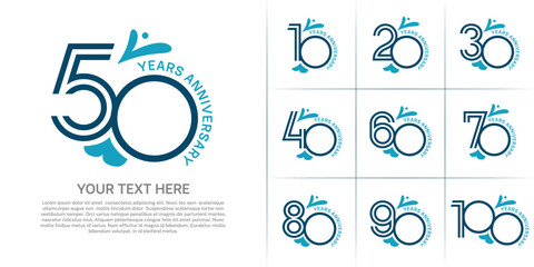 Anniversary logo type set with double line number. blue color with leaf ornament can be use special moment
