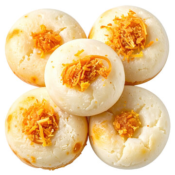 A close-up of num kroch showing the textured rice surface and scallion garnish on a clean white studio background