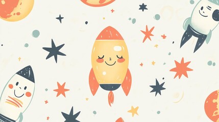Adorable space-themed graphic with smiling moon and stars, cheerful astronaut characters, simplified rocket ships, soft color palette with pastel backgrounds, perfect for children's interior design