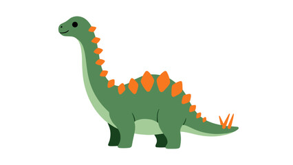 Fototapeta premium Cute Green Dinosaur with Orange Spikes on its Back and Tail Standing on a White Background with Green Grass Details in a Playful Cartoon Style