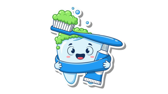 Cute Cartoon Tooth Character Wrapped in Blue Scarf Brushing Teeth with Green Foam Toothbrush on Black Background Healthy Dental Hygiene Concept