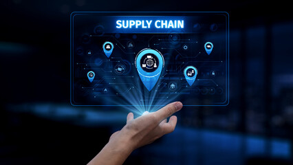 High-tech supply chain interface featuring a hand projecting digital elements. Ideal for illustrating advanced logistics and management solutions in a modern business context. Synapse