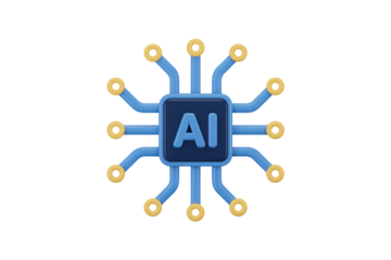 AI processor chip in blue circuit board with golden nodes in modern minimalist design for technology illustration
