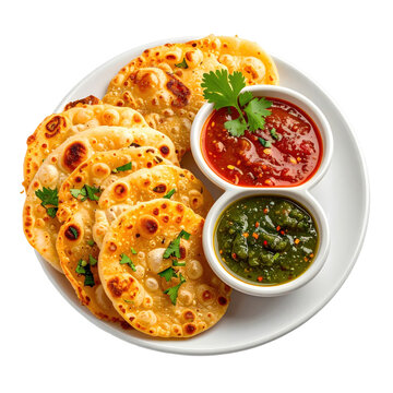 A nest of delicate string hoppers served with a bowl of spicy red sambal chutney on a clean white studio background