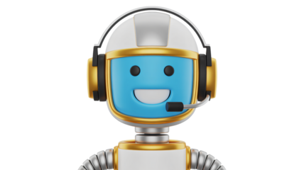 Robot Customer Support Agent in Bright Blue and Gold with Headset in Simple Clean Design on White Background for Technology Advertising