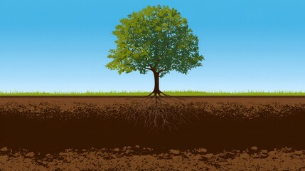 Pixelated Tree with Visible Roots in Soil under Blue Sky with Green Grass
