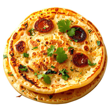 A golden brown mini uttapam with a soft, porous texture and visible vegetable toppings on a clean white background