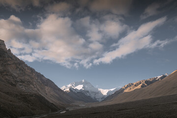 Mount Everest and stacked Mani stones near the north side of Everest base camp