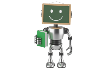 Robot with chalkboard head and calculator in cheerful smiley face with bright studio lighting for educational technology
