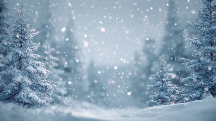 winter pine forest background with gentle snowflakes drifting in the air
