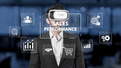 A businessman engages with a virtual reality headset to analyze sales performance metrics engulfed in digital graphics, highlighting modern technology applications in business. Raster