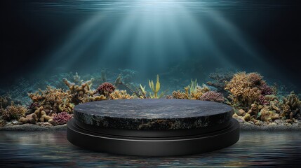 Underwater Stage With Coral Reef And Sunbeams Illuminating The Scene