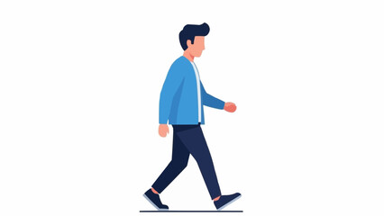 Man walking in blue jacket and dark pants side view.