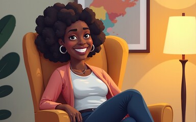 happy young african american young woman sitting in her chair smiling. AI Generative. High quality