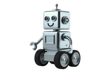 Friendly Robot Toy in Minimalist Design with Soft Gray Color and Clean Lighting on Isolated White Background for Technology Illustration