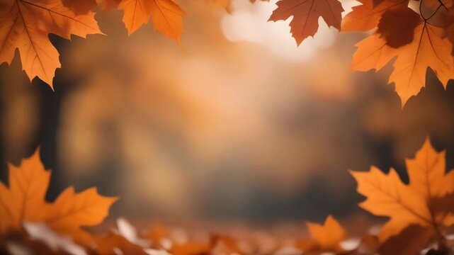 A warm, autumnal scene with colorful maple leaves framing a blurred background of trees