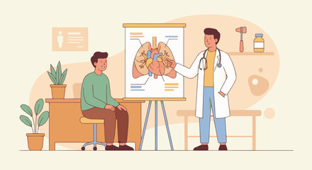“Flat vector of a doctor explaining a simple anatomy chart to a patient, warm pastel palette, minimal medical equipment.”