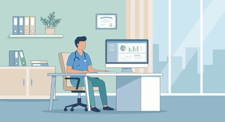 “Doctor working at a computer desk in a medical office, flat vector style, soft colors, organized clean workspace.”