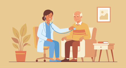 “Flat-style illustration of a doctor using a stethoscope on a senior patient, warm caring palette, minimal clinic props.”