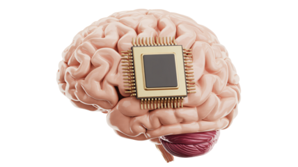 Human Brain with Microchip Implant in Surreal Digital Art Style with Cool Blue Lighting on Isolated White Background for Technology