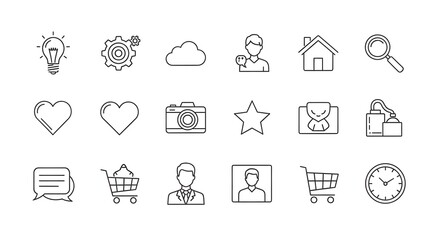 A comprehensive set of 20 minimalist line icons for web and mobile interfaces, featuring symbols like lightbulb, gear, cloud, user, home, search, heart, camera, star, chat, shopping cart, and clock.