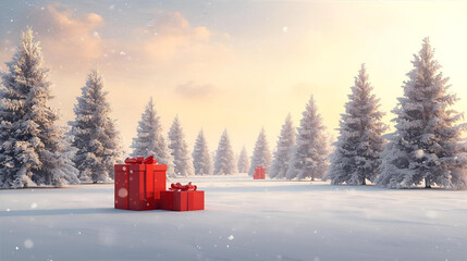 Winter forest landscape with red gift boxes and snow covered pine trees