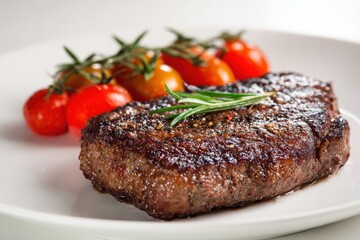 Close Up View of Grilled Steak with Cherry Tomatoes and Rosemary Garnished on White Plate