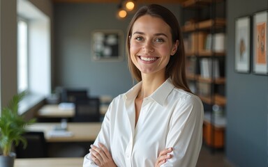 Smiling business woman in casuals at office. High quality
