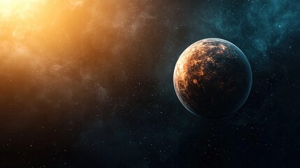 Obraz premium A vibrant depiction of a planet surrounded by cosmic elements and starry space, showcasing a blend of light and dark tones.