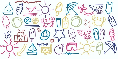 Colorful hand-drawn summer doodle icons featuring beach elements, sun, ice cream, watermelon, crabs, sailboats, flip-flops, drinks and fun vacation symbols. Perfect for design, stickers and patterns.