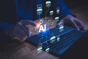 AI business automation concept, person using laptop with AI and connect store icon, smart retail management, digital transformation, data driven decisions, and creating a business technology.