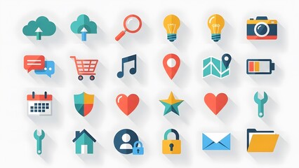 Collection of flat design web and mobile application icons with long shadows.