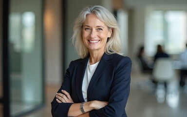 Smiling happy confident old mature professional business woman corporate leader, senior middle aged female executive, lady bank manager standing in office arms crossed looking at camera, portrait.