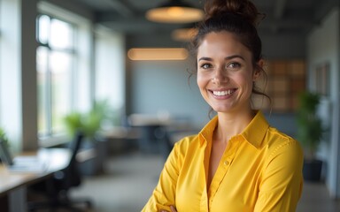 Attractive woman in her thirties, wearing a yellow shirt, standing in an office space with a blurred background and smiling, showing a professional appearance. High quality