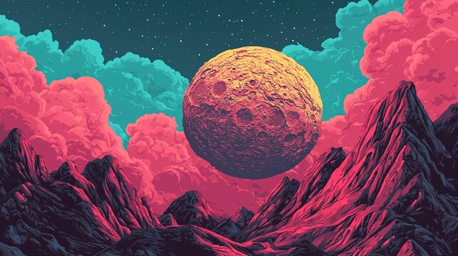 A vibrant, surreal landscape featuring a large moon above colorful clouds and striking mountain peaks. - Powered by Adobe