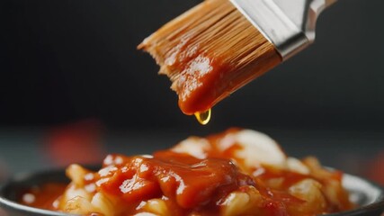 Brush Applying Sauce Over Delicious Macaroni and Cheese, Culinary Preparation Close-up