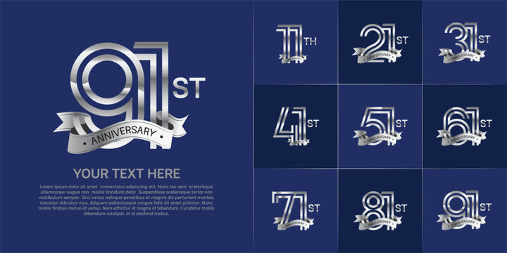 Anniversary logo set with double line number style. silver color with silver ribbon can be use for special moment