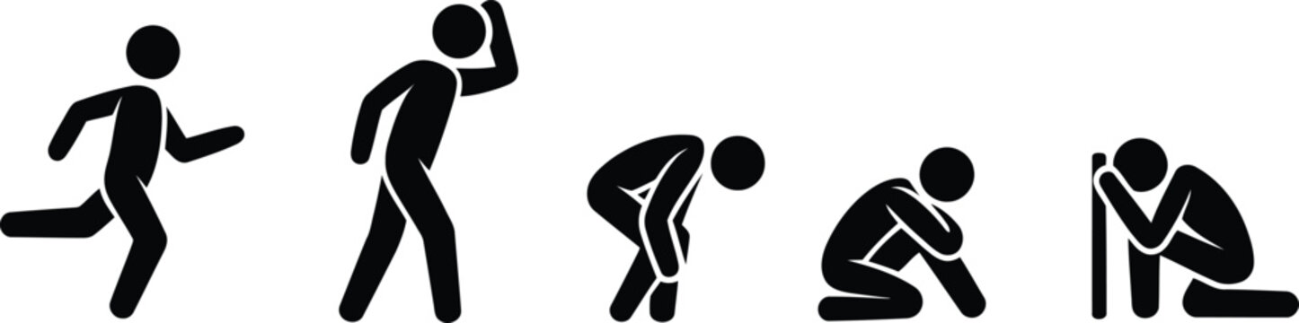 A sequence of five black stick figures illustrates a progression from energetic running to utter despair