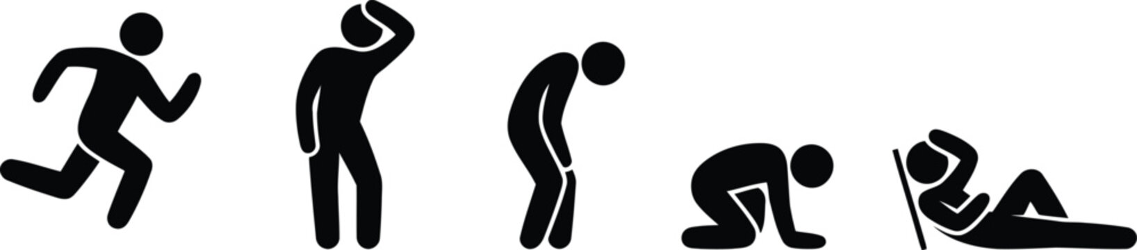 A sequence of five black stick figures showing a progression from running to complete exhaustion or sadness