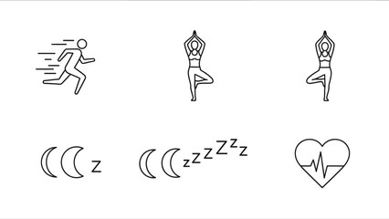 Black Friday sale silhouette icons on a white background featuring a running person, yoga poses, sleeping phases, and a heart rate symbol.