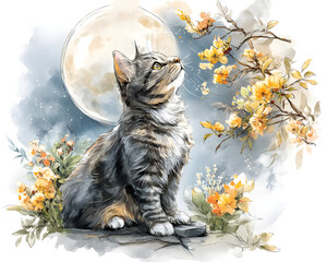 dreamy moon cat silhouette wallpaper A cat gazing at the moon amidst flowers. aesthetic night sky feline art minimal celestial cat phone background