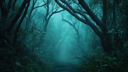 A mysterious forest shrouded in mist, with dark trees creating an eerie atmosphere, inviting exploration or contemplation.
