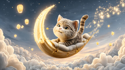 dreamy moon cat silhouette wallpaper Adorable kitten sailing on a moonlit cloud. aesthetic night sky feline art minimal celestial cat phone background