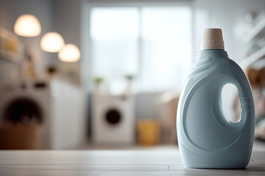 A blue detergent bottle placed on the floor with a laundry room and washing machine softly blurred behind it.
