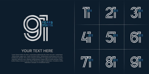 Anniversary logo set with double line number style. silver and blue color can be use for special moment